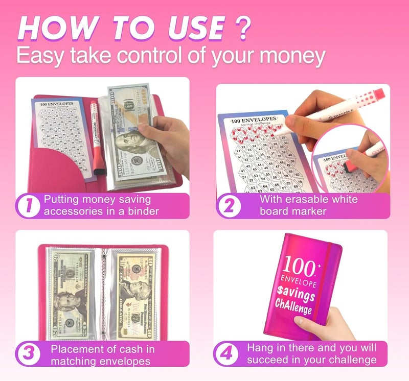 gusutide 100 Envelope Money Savings Challenge Binder, Money Saving Binder with Cash Envelopes, from 30 Days to 52 Weeks, to Save $500,$5,050 and $10,000, back to school supplies,gift for children (fuchsia rose-A6) - Image 4